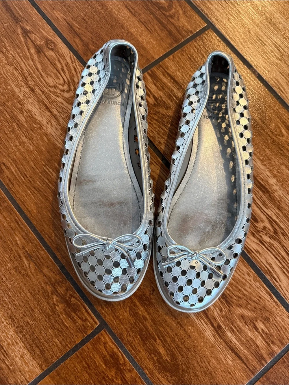 Tory Burch Silver Laser-Cut Bow Ballet Flats